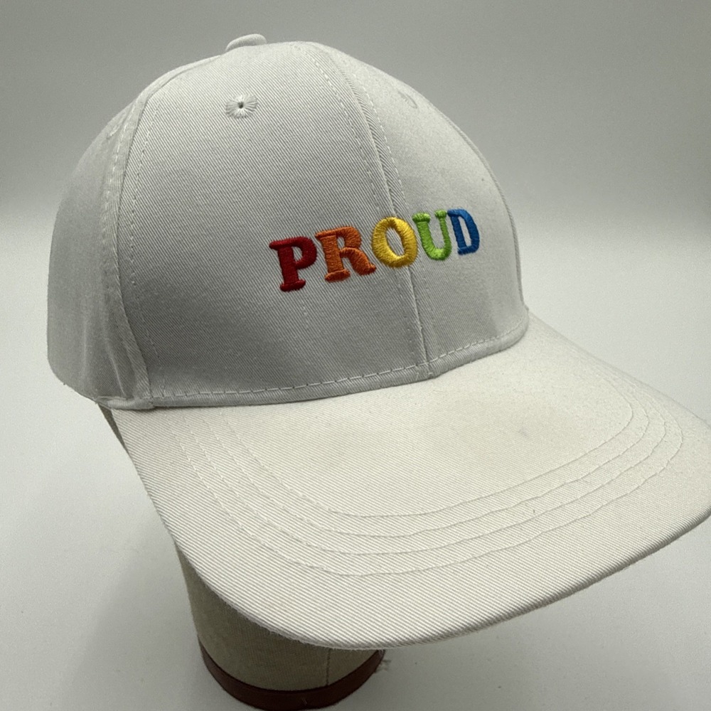 PRIDE White Baseball Cap Hat Embroidered Rainbow Letters Adjustable OSFM Adult